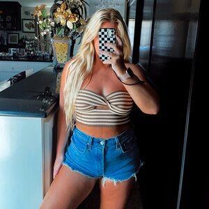 Brown and tan striped bandeau strapless crop top